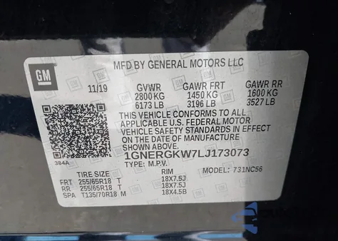 2020 Chevrolet Traverse Fwd Lt Cloth z USA, uszkodzony, nr VIN 1GNERGKW7LJ173073